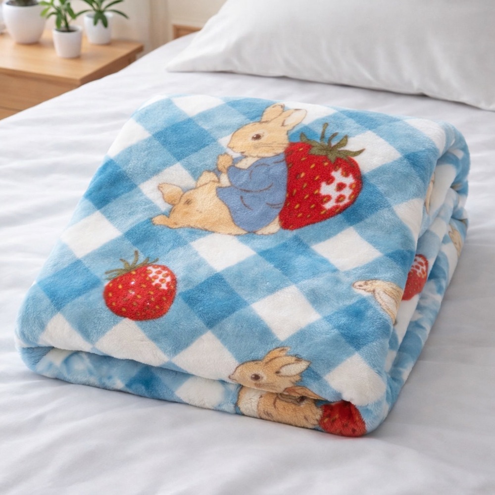 Peter Rabbit Plush Throw Blanket | Blue Gingham Strawberry | Beatrix Potter